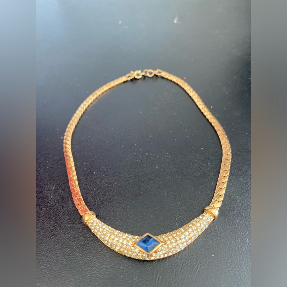 Christian Dior VTG Yellow Gold Tone Faux Blue Stone Clear Rhinestone Necklace